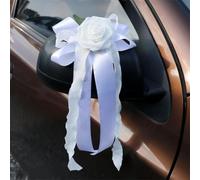 Juego de decoración de boda con lazo para coche, ramo floral de cinta de satén para capó de vehículo y manijas de puerta, 36 x 17 cm (4 unidades, blanco)