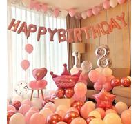 Juego de decoración de cumpleaños de princesa rosa, globos Happy Birthday con números personalizables, corona de princesa, estrellas y corazones (las notas requieren números)