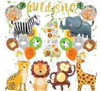 Juego de decoración de cumpleaños de safari, 31 unidades, decoración de cumpleaños para niños y niñas, selva verde, decoración de primer cumpleaños, 1 año con globos de safari
