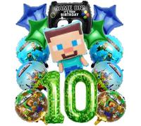 Juego de decoración de cumpleaños número 10 - Paquete de 13 globos de píxeles para niños | Minecraft Gamer - Bolsa de cumpleaños para jugadores de Minecraft y globos y decoración para fiestas