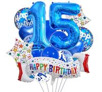 Juego de decoración de cumpleaños número 15, globo azul de corazón 15, globo colorido de feliz cumpleaños número 15 para niñas, niños, adultos, suministros de fiesta, globos azules del número 15 para