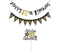 Juego de decoración de cumpleaños número 18, guirnalda negra y dorada y bandera triangular y decoración para tartas, decoración de 18 cumpleaños y banderines de feliz cumpleaños 18