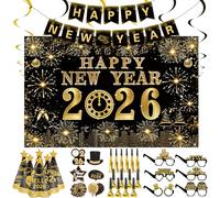 Juego de Decoración de Fiesta de Año Nuevo 2026, Decoracion de Cotillon Nochevieja, con Pancarta de Fondo de Happy New Year 2026, Sombreros de Cono, Gafas de Año Nuevo y Sopladores de Fiesta