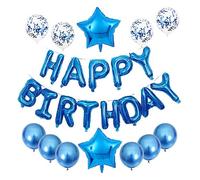 Juego de decoración de fiesta de cumpleaños de color azul, globos de letras de feliz cumpleaños con estrella, confeti y globos de látex azul cromado, kit completo de configuración de fiesta