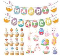Juego de decoración de fiesta de Pascua: 12 colgadores de huevos de conejo en espiral, 15 piezas de pancarta Happy Easter y 12 adornos para cupcakes, decoración de temática de huevo de conejo vívido