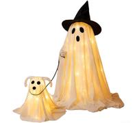 Juego de decoración de Halloween de dos piezas con mago y figura misteriosa de perro líder, plástico resistente, 65 cm, decoración de fiesta blanca para interiores y exteriores, para patio, jardín