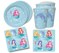Juego de decoración de mesa de 36 piezas con bonitas sirenas para cumpleaños infantiles - 8 platos, 8 vasos, 20 servilletas de 33 x 33 cm