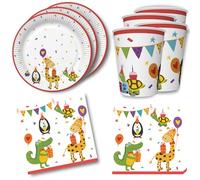 Juego de decoración de mesa de 36 piezas con divertidos animales en el estado de ánimo de fiesta para niños y niñas para cumpleaños infantiles - 8 platos, 8 vasos, 20 servilletas de 33 x 33 cm