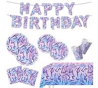 Juego de decoración de mesa, juego de decoración de fiesta, diseño de energía demonio morada, incluye mantel y vajilla de papel, decoración de película de ídolos coreanos para graduaciones y