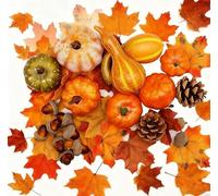 Juego de decoración de otoño para el hogar, 50 piezas con mini calabazas, hojas y conos de pino para la temporada de cosecha, centros de mesa y decoración de fiesta
