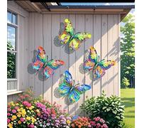 Juego de decoración de pared de mariposa de metal rústico para valla de jardín, patio, patio al aire libre con estilo vibrante y construcción de hierro de larga duración (juego de cuatro piezas)