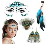 Juego De Decoración De Plumas De Pavo Real De 3 Piezas, 1 Pegatina De Cara De Diamante Verde, Pendientes Y Horquilla De Plumas Retro, Pegatina De Decoración De Disfraces.