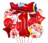 Juego de decoración de primer cumpleaños rojo de avión, un globo de corazón rojo, colorido globo de pancarta de feliz primer cumpleaños para niñas, niños, adultos, suministros de fiesta, globos rojos