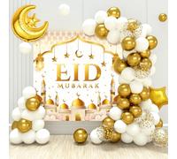 Juego de decoración de Ramadán, Eid Mubarak Globos Blanco y Dorado, Eid Mubarak Bandera, Eid Guirlande Globos con Luna Estrella Dorado para Decoración Ramadán 2026, Umrah Mubarak, Musulmanes Islámicos