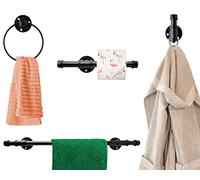 Juego de decoración de Tubos industriales para Cuarto de baño - 4 Piezas Conjunto de Accesorios de baño: 1 Soporte de Papel, 1 Gancho de Bata, 1 Anillo de Toalla y 1 Barra de Toalla en Negro Mate