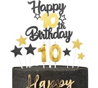 Juego de Decoración para Cumpleaños 10 Años Negro y Orol - Topper para Tarta con Velas Número 10, Estrellas para Cupcakes - Ideal para Niños, Niñas, Hombres y Mujeres, Fiestas de Aniversario