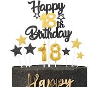 Juego de Decoración para Cumpleaños 18 Años Negro y Orol - Topper para Tarta con Velas Número 18, Estrellas para Cupcakes - Ideal para Niños, Niñas, Hombres y Mujeres, Fiestas de Aniversario