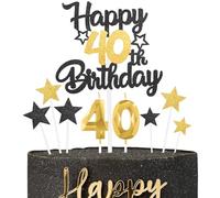 Juego de Decoración para Cumpleaños 40 Años Negro y Orol - Topper para Tarta con Velas Número 40, Estrellas para Cupcakes - Ideal para Niños, Niñas, Hombres y Mujeres, Fiestas de Aniversario