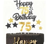 Juego de Decoración para Cumpleaños 75 Años Negro y Orol - Topper para Tarta con Velas Número 75, Estrellas para Cupcakes - Ideal para Niños, Niñas, Hombres y Mujeres, Fiestas de Aniversario