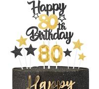 Juego de Decoración para Cumpleaños 80 Años Negro y Orol - Topper para Tarta con Velas Número 80, Estrellas para Cupcakes - Ideal para Niños, Niñas, Hombres y Mujeres, Fiestas de Aniversario