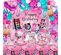 Juego de decoración para cumpleaños de spa - Regalos de maquillaje, platos, tazas, servilletas, mantel, tela de fondo "Happy Birthday", globos para arco de tarta, artículos para fiestas