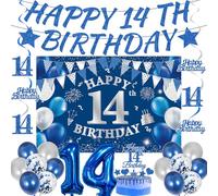 Juego de decoración para el 14º cumpleaños para niño - 31 unidades azul y plateado Happy 14th Birthday Banner guirnaldas de fondo, globos de látex y decoraciones colgantes para adolescentes 14