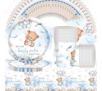 Juego de decoración para fiestas de 61 piezas con diseño de osos, que incluye decoraciones temáticas de osos y cubiertos para fiestas de bautizo de bebés, incluyendo servilletas, vasos de papel