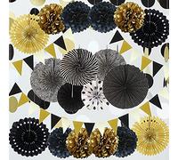 Juego de decoración para fiestas en negro y dorado, 21 piezas de abanicos de papel colgantes, flores con pompones, banderines de papel y lunares para decoraciones de bodas y fiestas de cumpleaños