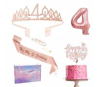 Juego de decoraciones de 4º cumpleaños - Banda de oro rosa y tiara para fiesta de 4º cumpleaños, corona de banda de fiesta, decoración de pastel y velas, globos de aluminio número 4, suministros de