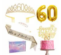 Juego de decoraciones de 60 cumpleaños dorado para mujeres - Tiara, cinta, banda, corona, adorno de pastel de cumpleaños, número 60 globos de aluminio, velas - paquete de fiesta regalos para ella
