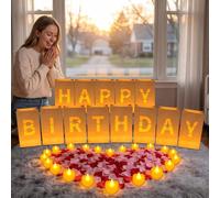 Juego de decoraciones de cumpleaños, 13 bolsas de velas con letras iluminadas con 30 velas en forma de corazón, 1000 pétalos rojos, pétalos rosados, decoraciones de feliz cumpleaños para mujeres