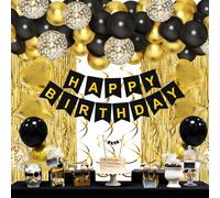 Juego de decoraciones de cumpleaños de oro negro, 55 globos, pancarta feliz cumpleaños, cortina flecos dorados, remolinos colgantes para fiesta hombre y niños