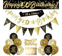Juego de decoraciones de cumpleaños número 50, kit de 18 globos negros y dorados con banda, pancartas, banderas triangulares, decoración para tartas, globos de oro negro y lentejuelas para hombres y