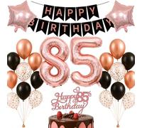 Juego de decoraciones de cumpleaños número 85, color oro rosa y negro, pancarta de feliz cumpleaños, decoración de globos, telón de fondo de fotos para mujeres, hombres y adultos que cumplen 85 años