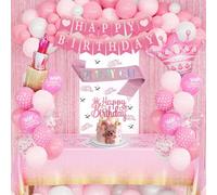 Juego de decoraciones de cumpleaños rosas para mujeres y niñas, pancarta de feliz cumpleaños, globos de confeti, cortina de flecos, globo de aluminio de lápiz labial, mantel y corona para decoraciones