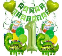 Juego de decoraciones de dinosaurio para fiesta de primer cumpleaños, tema verde, incluye pancarta de feliz cumpleaños, globo número 1, globos de dinosaurio, globos de corazón, globos de látex