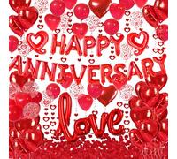 Juego de decoraciones de feliz aniversario, pancarta roja con texto en inglés "Happy AnNIVERSARY" + globos de corazón/"Love" + pétalos de seda para el día de San Valentín, boda, despedida de soltera