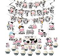 Juego de decoraciones de fiesta de cumpleaños con temática de vaca con espiral colgante, pancarta, globos, decoración de tartas, adornos para cupcakes