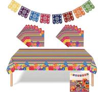 Juego de decoraciones de fiesta mexicana, incluye mantel colorido, 20 servilletas y pancarta de papel picado, suministros completos de mesa para el Día de los Muertos, Halloween y fiesta nocturna de