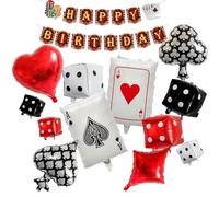 Juego de decoraciones de fiesta temática de casino de 13 piezas, pancarta de cumpleaños de noche de póquer con globos de corazón de palas, tarjetas de dados para eventos de Las Vegas