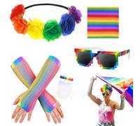 Juego de del Orgullo Gay LGBTQ,Accesorios Pride:Set de 5 accesorios para el orgullo LGBT,con diadema arcoíris, gafas de sol arcoíris,guantes sin dedos arcoíris,pañuelo arcoíris, lápices de cara