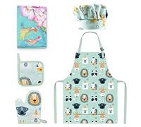 Juego de delantal de algodón y sombrero de chef para niños con guante de horno y almohadilla caliente, traje de chef para niños de 3 a 5 años de edad, cocinar, hornear y jardinería