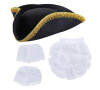 Juego de delantal de sombrero de tricornio colonial con ribete dorado y puño blanco, para fiesta, pirata negro para juego de rol de guerra revolucionaria, tricornio colonial, puños blancos, juego de