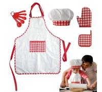 Juego de delantales de cocina para niños pequeños - Disfraz de rol para hornear, delantal, gorro, guante, alfombrilla aislante, cuchara, traje de vestir creativo para niños, divertida actividad de