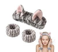 Juego de diadema y pulseras con orejas de gato para lavado facial, suave y absorbente, para maquillaje, spa y toallas de muñeca para el cuidado de la piel, ducha y cuidado facial (gris)