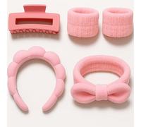 Juego de diademas y muñequeras de spa facial para maquillaje, cuidado de la piel, lavado facial, 2 diademas y 2 muñequeras (rosa, talla única)