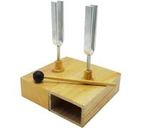 Juego de diapasones resonancia 440 Hz, 2 con cajas resonantes madera pino, batidor goma y aro conversión frecuencia, propagación sonido acústico