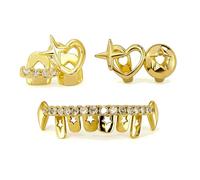 Juego de dientes chapados en oro para mujeres y hombres, barras de estrella, colmillo de corazón, parrillas de dientes, kit de joyería para dientes, hip hop, vampiro, fiesta de Halloween, parrilla