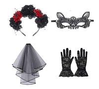 Juego de Disfraces de Halloween: Diadema, Velo Negro, Máscara de Encaje y Guantes Cortos de Encaje
