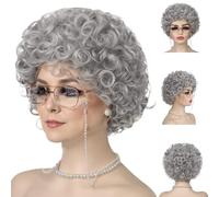 Juego de disfraz de abuela de 4 piezas, disfraz de anciana de Halloween para mujer, incluye peluca gris, peluca de abuela con rizos, collar de perlas, cadena de gafas y accesorios, divertido dis